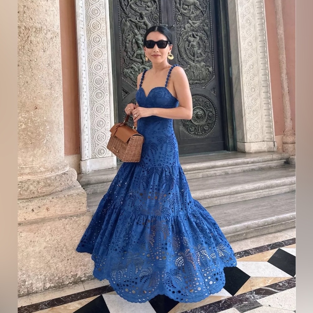 Farm Rio Deep Blue Palm Tree Richelieu Midi Dress